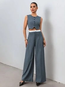 Chiquease Women Solid Front Button Sleeveless Top And Pants Suit, Simple