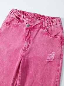 Teen Girls Y2K Style Washed Pink Distressed Wide Leg Loose Jeans - Hot Pink - View 10
