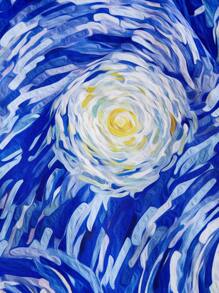 SHEIN MOD 大码夏季梵高“星夜”印花复古泡泡袖女式连衣裙，艺术系列度假野餐装 - 藍色 - 查看 3