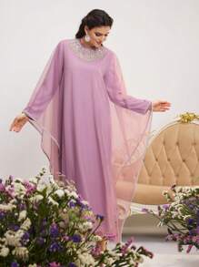 Al Najma 女士粉色两件套仿珍珠圆领长袖网眼拼接简约阿拉伯风装春季情人节