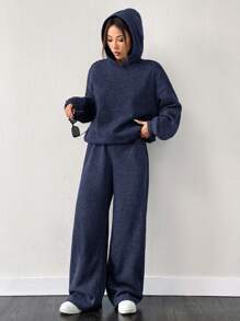 SHEIN EZwear 海军蓝保暖内衬宽松落肩连帽衫和阔腿运动裤两件套 - 藏蓝色 - 查看 4