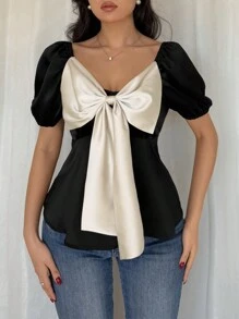 SHEIN Unity 女士优雅蝴蝶结泡泡短袖衬衫 - 彩色 - 查看 4