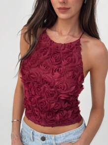 Aloruh 新款玫瑰花卉 3D 露背背心，性感短款上衣，适合情人节约会之夜，百搭