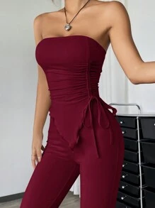 SHEIN EZwear 2pcs Set: Ruched Bandeau Top With Asymmetrical Hem And Flare Pants - Burgundy - View 2