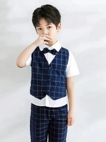 3 件套年轻男孩有领纯色短袖衬衫、格子背心、梭织长裤 3 件套绅士西装套装，适合儿童服装、男孩服装、返校、校服、幼儿园、生日派对、晚会、婚礼、洗礼、开学典礼、日常、旅游、运动、秋冬季
