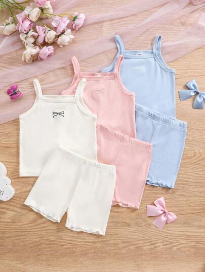 3 件套年轻女孩无袖上衣和短裤套装，刺绣蝴蝶结装饰吊带背心短裤下装内衣套装，春夏