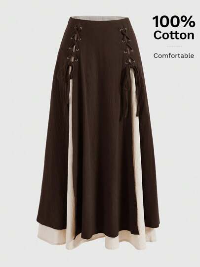 ROMWE Fairycore Women Renaissance Color Block Lace Up Decor A-Line Casual Skirt