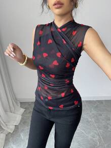 Chiquease 欧美风情褶皱修身性感网眼背心