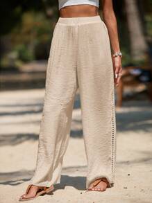 Swim Vcay 女士夏季服装女士夏季海滩度假休闲纯色罩衫裤套装 - 杏色 - 查看 5