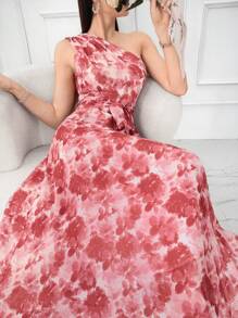 Modelyn Women's Asymmetrical Shoulder Sleeveless Floral Print Bodycon Long Dress, Elegant