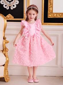 Young Girl Sweet Floral Network Tutu Princess Dress, Sleeveless Party Formal Dress For Birthday, Pageant, Wedding Guest, Flower Girl Dress - Pink - View 1