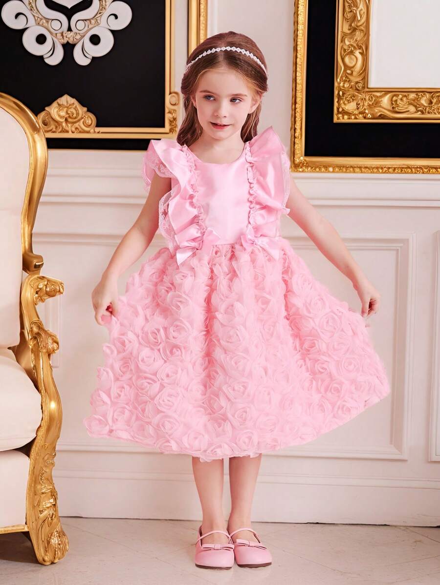 Young Girl Sweet Floral Network Tutu Princess Dress, Sleeveless Party Formal Dress For Birthday, Pageant, Wedding Guest, Flower Girl Dress - Pink - View 1