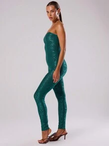 MUSERA Blumen-Spitzen-Bandeau-Unitard-Jumpsuit, sexy Club Frühling Sommer Urlaub elegant - Dunkelgrün - Übersicht 3