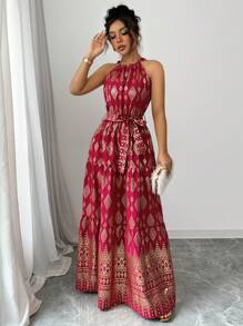 Breezaya 女式锡箔几何印花长款挂脖连衣裙