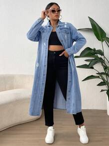 SHEIN Lady Plus Size Button Front Long Sleeve Pocket Distressed Long Denim Jacket, Fall Women Clothes