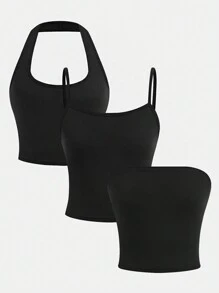 SHEIN Girlism Conjunto de 3 piezas para niña preadolescente: Camiseta de tirantes, Top corto de tirantes, Top sin tirantes - Negro - Ver 1