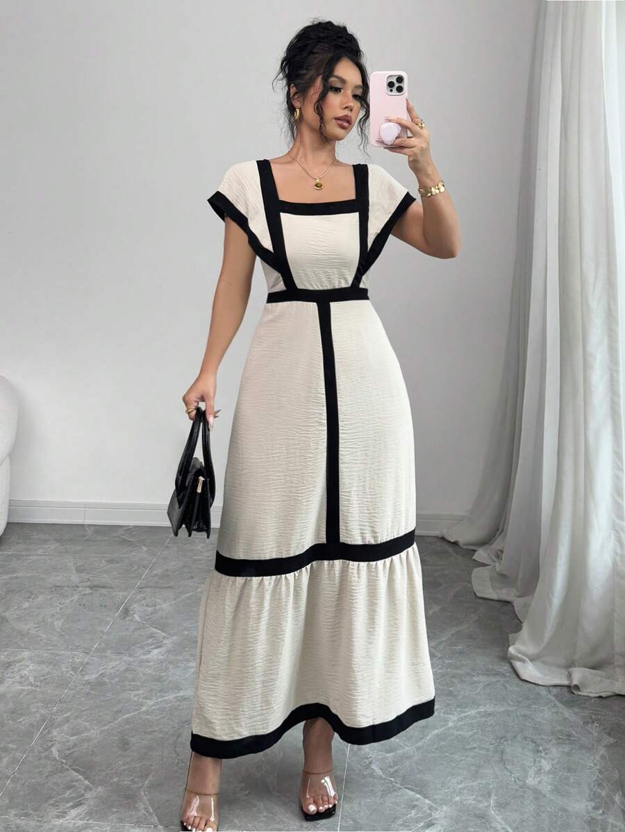 SHEIN Unity 女士优雅休闲黑色和米色条纹荷叶边袖连衣裙,度假风格 - 黑與白 - 查看 1