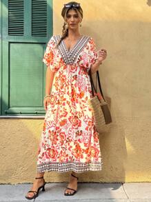 Flirla Plus Size Women's French Style Elegant Commuter Casual Vacation Floral Print V-Neck Raglan Sleeve Waist Gathered A-Line Slit Hem Long Dress, Spring And Summer