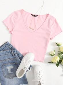 SHEIN EZwear V-Neck Lettuce Trim Top