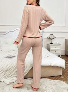 情人节心形刺绣撞色翻领休闲天鹅绒上衣和裤子睡衣套装