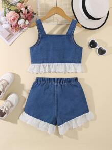 Tween Girl' Y2K Stylish Fitted Lace Trim Pleated Patchwork Washed Denim Sleeveless Top And Elastic Waist Shorts Set,Holiday,Summer,Travel - Medium Wash - View 2