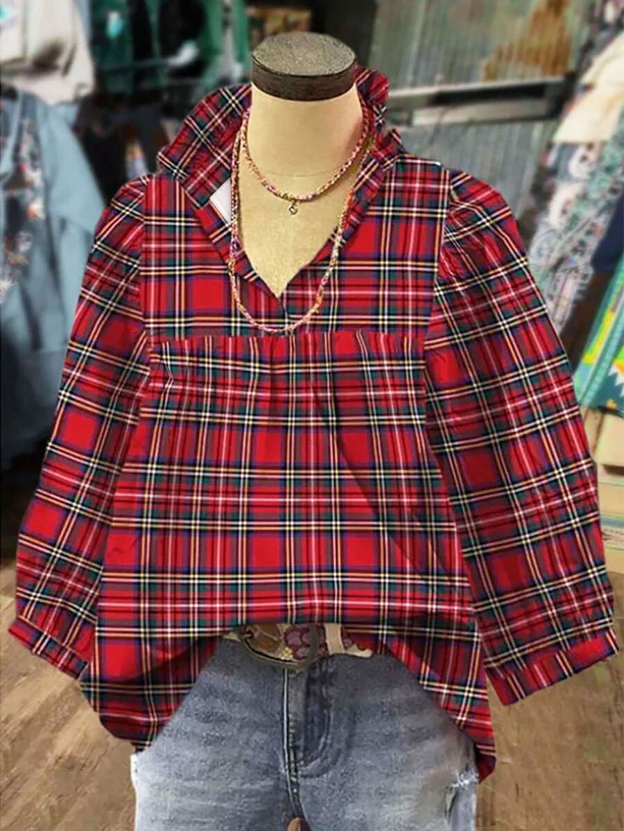 SHEIN LUNE 大码中长袖褶皱格纹印花休闲衬衫，日常穿着