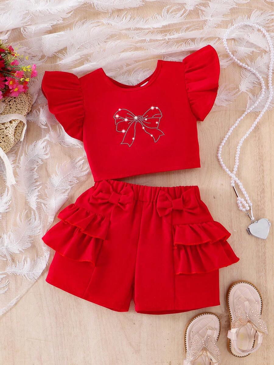 2pcs/Set Young Girl Red Bow Rhinestone Cap Sleeve Vest Top & Shorts Set, Cute Refreshing Summer Outfit - Red - View 1