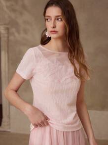 MOTF APPLIQUES CONTRAST MESH SHORT SLEEVE T-SHIRT - Pink - View 3