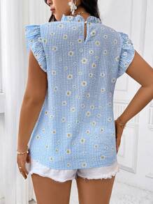 Calvaya Plus Size Women's Summer Striped Daisy Print Casual Vacation Cap Sleeve Blouse