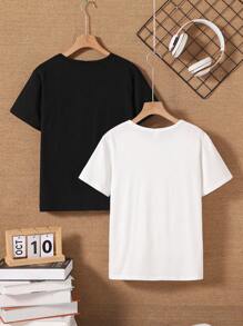 SHEIN 2pcs/Set Toddler Boys Letter & Cartoon Print Crew Neck Casual Short Sleeve T-Shirts Kids Tshirts T Shirts For Boys