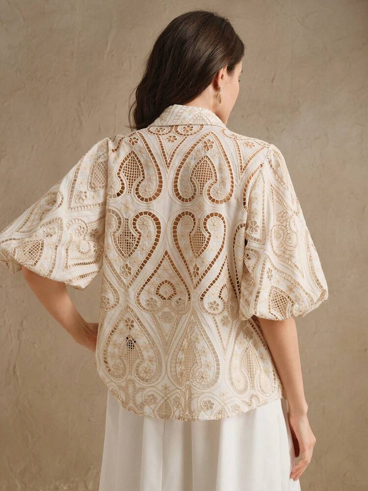 Romantic Elegant Vacation Style Embroidered Hollow Design Collar Puff Sleeve Sheer Women Blouse, Suitable For Valentine's Day, Summer Beach Vacation, New Year, Boho, Modest