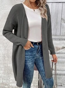 SHEIN LUNE Casual Plain Color Mid-Length Cardigan, Autumn/Winter - Dark Grey - View 5