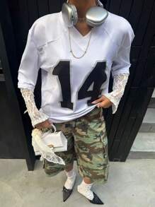 Women's V-Neck Numeric Print Casual Blouse, Versatile For Everyday Wear Fall Cloth For Women