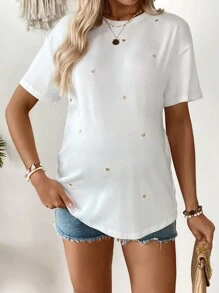 SHEIN Pregnant Women Heart Embroidery Short Sleeve Casual T-Shirt, Vacation