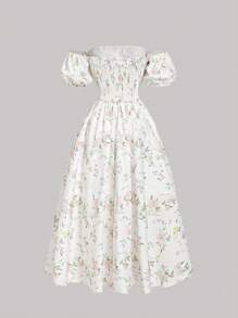 SHEIN MOD Women's Open Shoulder Puff Sleeve Ditsy Floral White Mid-Length Dress, Summer,Boho Women Clothing,Easter Dress Women,Tea Party Dress,Summer Dresses For Women,White Graduation Dress