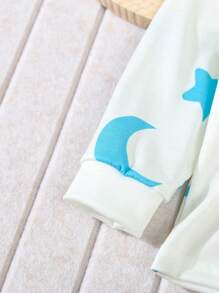 SHEIN 2 件套婴儿男孩可爱星星月亮印花休闲套头长袖上衣和长裤睡衣套装 - 杏色 - 查看 6