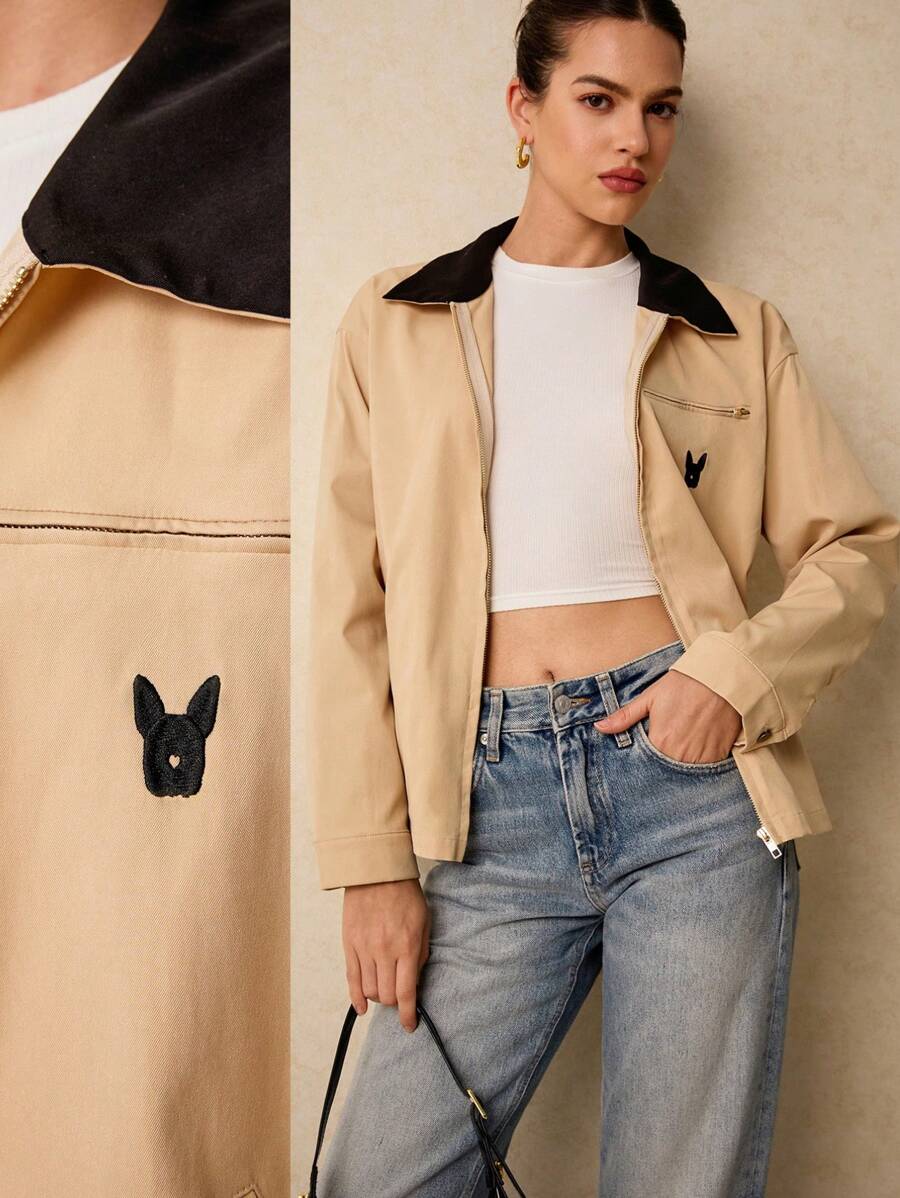 Poéselle 女士简约时尚休闲夹克，法国斗牛犬精致刺绣夹克，适合日常、街头、约会、通勤、居家等场合穿着 - 卡其色 - 查看 1