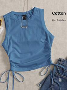 SHEIN EZwear 抽繩抽褶側短版背心上衣 - 霧霾藍 - 查看 6