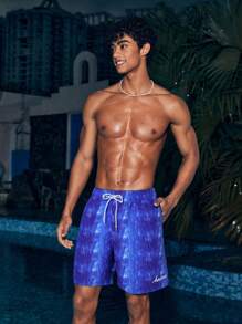 Surfspeed 男士夏季水洗字母印花束腰沙灘短褲 - 寶藍色 - 查看 4