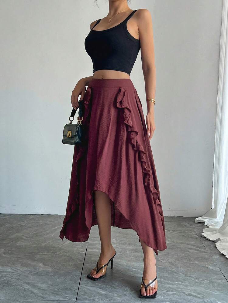 Western Style Bohemian Beach Vacation Ankola Red Fashion Twist Ruffle Stitching Summer Women's Skirt