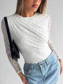 SHEIN Essnce 女士花卉蕾丝褶饰长袖紧身衣 - 白色 - 查看 6