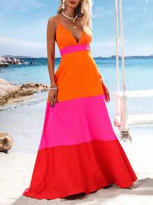 Vivid Eden 编织色块 V 领女式长裙春夏装、夏装、情人节、女士度假装、女士沙滩装、节日、浪漫优雅服装、波西米亚风、波西米亚风、甜美、狂欢节装扮、热带度假女装、狂欢节、女士夏装 - 橘色 - 查看 6