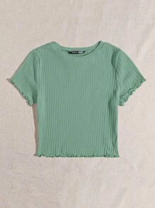 SHEIN EZwear 素色小褶邊羅紋針織T恤 - 綠色 - 查看 5