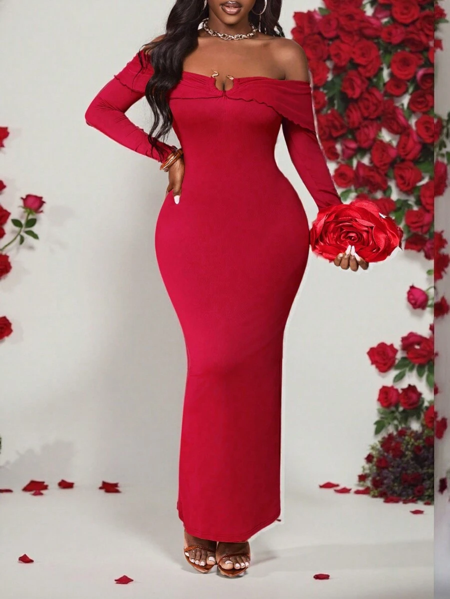 BamGleam 女士新款露肩网眼长袖紧身红色情人节连衣裙蛇年金属装饰图案，适合新年派对、除夕、聚会 - 紅色 - 查看 1