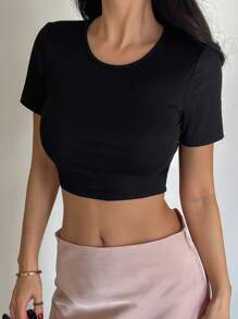 DAZY Solid Color Fitted Cropped Tie-Up Backless Women T-Shirt, Summer,Halter Top