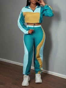 Slaydiva Conjunto informal de 2 piezas para mujer con chaqueta corta de cuello alto con cremallera y pantalón ancho de chándal con efecto color block