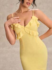 SHEIN BAE Vestido elegante con espalda descubierta, adecuado para boda, dama de honor y baile de graduación, de unicolor, de gasa, con volantes y abertura en la parte delantera, para mujer, para primavera y verano - Amarillo - Ver 6