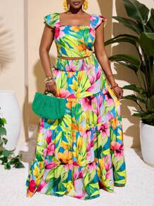 Slaydiva Plus Size Vacation Casual Colorful Floral & Tropical Leaves Print Cap Sleeve Crop Top And Tiered Maxi Skirt Set, Spring/Summer,Holiday Outfits