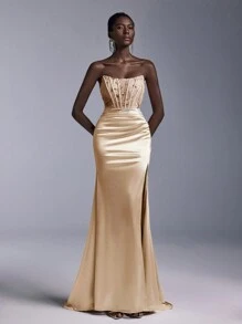Elitara Women's Lace Patchwork Fish Bone Stitching Fish Tail Slit Formal Evening Gown,Elegant Prom Dress For Wedding Guest,Graduation,Dinner,Party Dress - Champagne - View 1