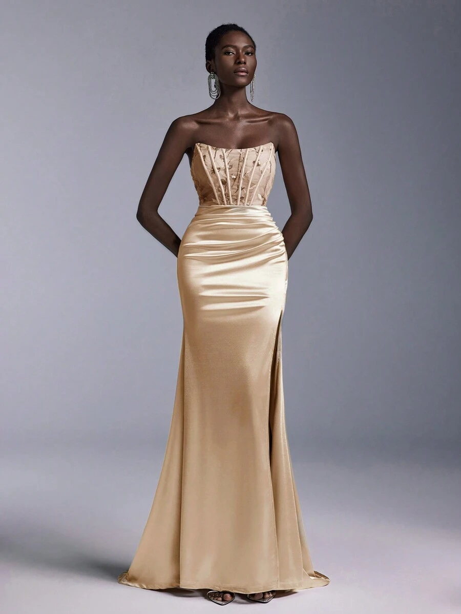 Elitara Women's Lace Patchwork Fish Bone Stitching Fish Tail Slit Formal Evening Gown,Elegant Prom Dress For Wedding Guest,Graduation,Dinner,Party Dress - Champagne - View 1